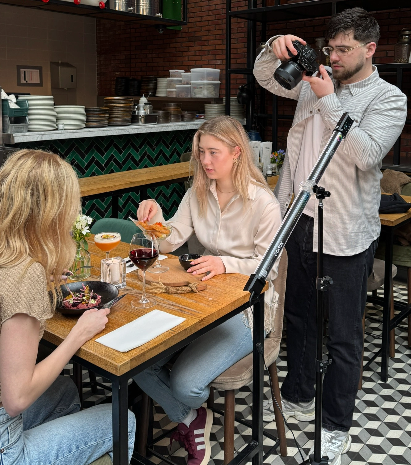 Marketing content shoot in a restaurant